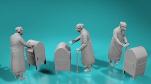 An elderly woman is dropping a letter into the mailbox - various scales