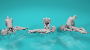 Paramedic resuscitating lying man - various scales